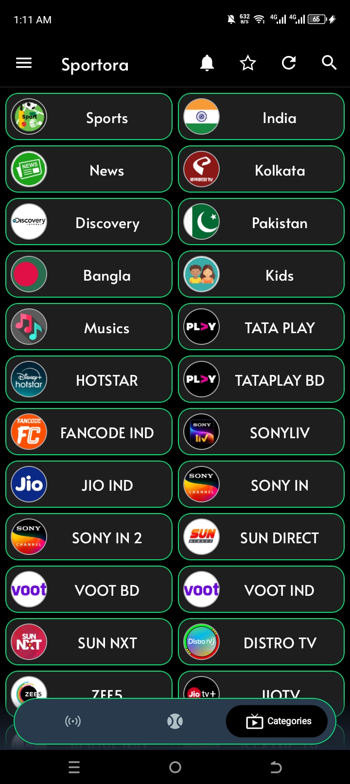 SPORTORA home screen showing channel categories like Sports, News, India, Kolkata, and Pakistan