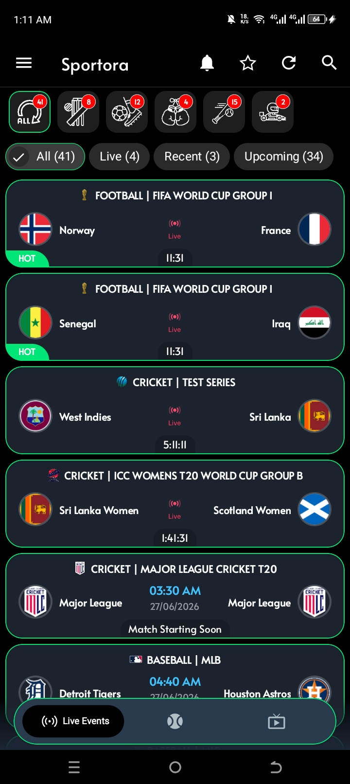 SPORTORA live events screen showing the cricket match schedule